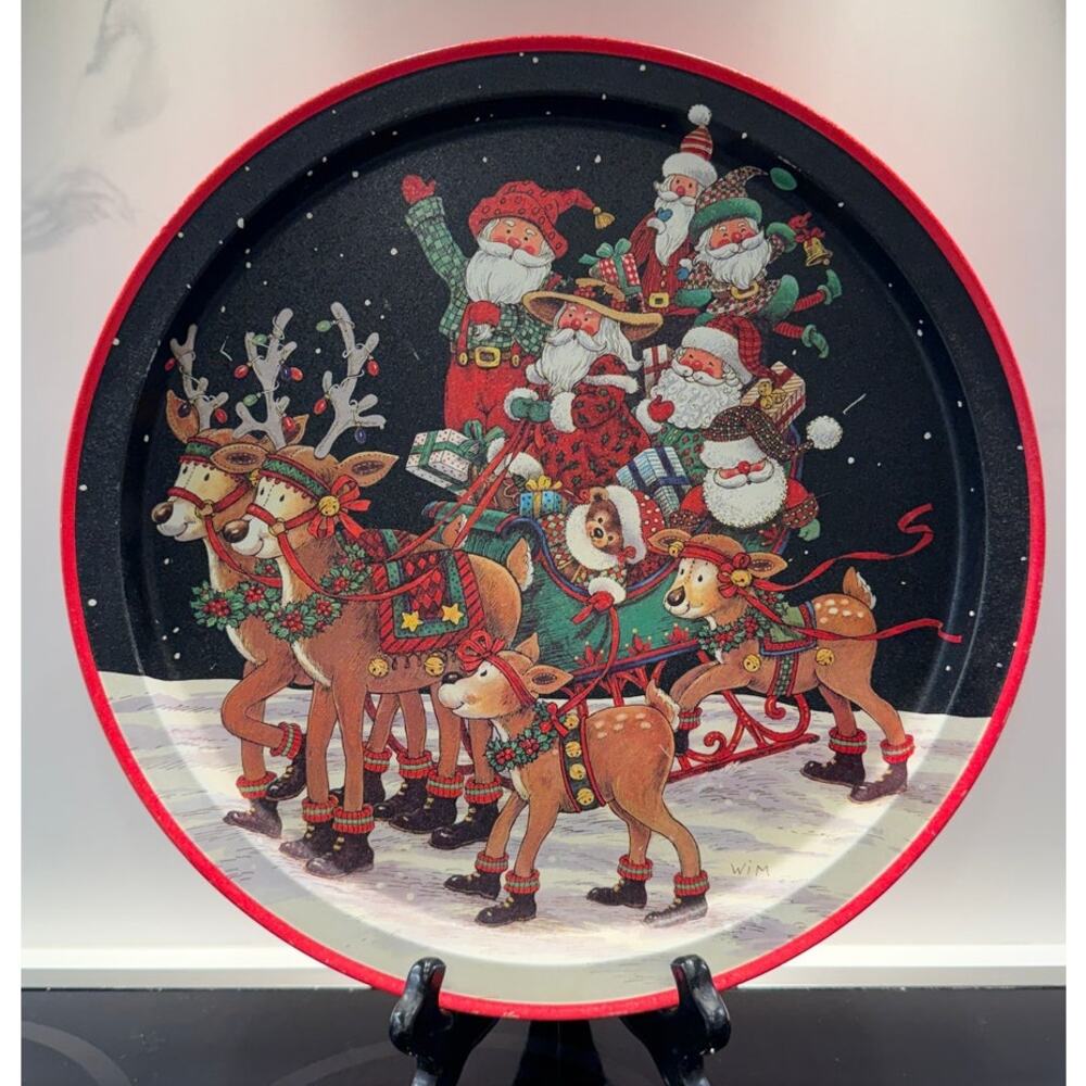 Vintage Potpourri Designs Santa Sleigh Reindeer Metal Tray 13" Holiday Decor